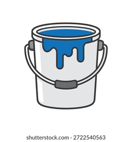 Icono de cubo de Ilustración vectorial azul minimalista plano con pintura goteante, lata de metal blanco y mango gris. Ilustración vectorial limpia para pintar, renovar, bricolaje, arte y conceptos de mejoras para el hogar.