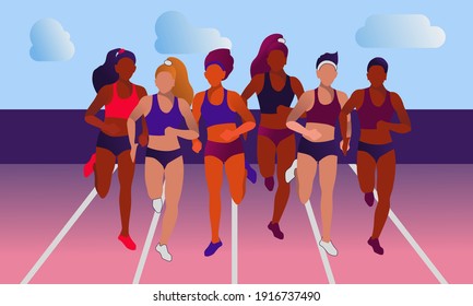 Vector illustration in flat minimalist style with a group of running women of different races. Preparing for sports competition. 