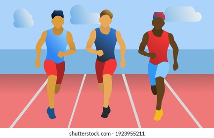 Vector illustration in flat minimalist style with two running women. Runners on the finish line. Winner of the championship. Preparing for sports competition. 