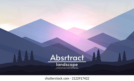 Ilustración vectorial. De estilo sencillo y plano. Montañas con colinas y árboles. Amanecer o atardecer. Paisaje abstracto. Diseño para fondo de pantalla, fondo, turismo o tarjeta de felicitación.