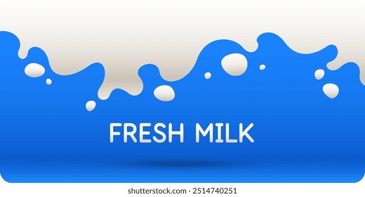 Ilustração vetorial em estilo minimalista plano. Moderno cartaz de leite fresco com respingos em um fundo. Um cartaz para anunciar produtos láteos.