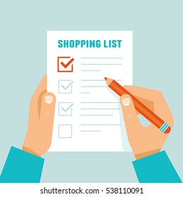 Vector illustration in flat modern style  - hands holding paper sheet with shopping list