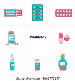 Vector Illustration In Flat Modern Thin Line Style. Pharmacy And Drug Items. Medical Illustration. Set Of Medical Pills  Icons. Element Design Of Healthcare And Shopping, Pharmacy, Drug Store. 