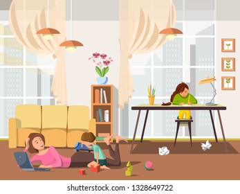 Vector Illustration Flat Mom with Baby Plays Game. 