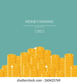 Vector illustration. Flat money making background with coins. E-commerce and web payments.