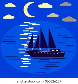 Vector illustration of a flat : a moonlit night , sea, sailboat . Hiking, Walking on a sailboat on the lunar path