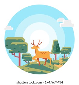 Vector illustration of flat mountain forest with beautiful and charming deer animals