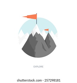 Vector illustration. Flat mountains. Mission and achievement. Nature and travel. Success and smart solutions concept background.