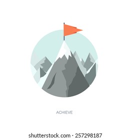 Vector illustration. Flat mountains. Mission and achievement. Nature and travel. Success and smart solutions concept background.