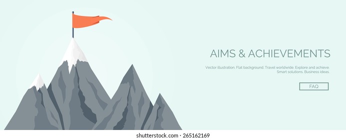 Vector illustration. Flat mountains. Mission and achievement. Nature and travel. Success and smart solutions concept background.