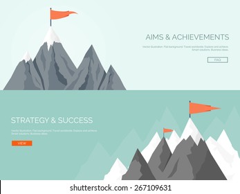 Vector illustration. Flat mountains. Mission and achievement. Nature and travel. Success and smart solutions concept background.