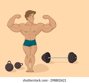 Vector illustration of a flat - muscular man bodybuilder (inflated athlete) in cartoon style