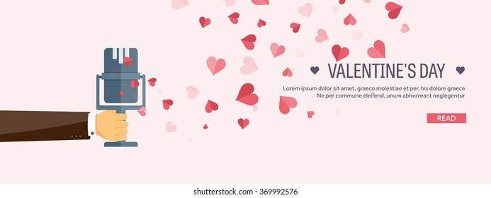 Vector illustration. Flat musical background with microphone. Love, hearts. Valentines day. Be my valentine. 14 february. 