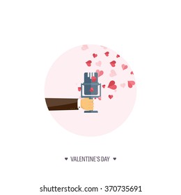 Vector illustration. Flat musical background with microphone. Love, hearts. Valentines day. Be my valentine. 14 february. 