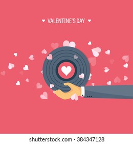 Vector illustration. Flat musical background with vinyl. Love, hearts. Valentines day. Be my valentine. 14 february. 