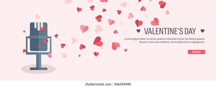 Vector illustration. Flat musical background with microphone. Love, hearts. Valentines day. Be my valentine. 14 february.