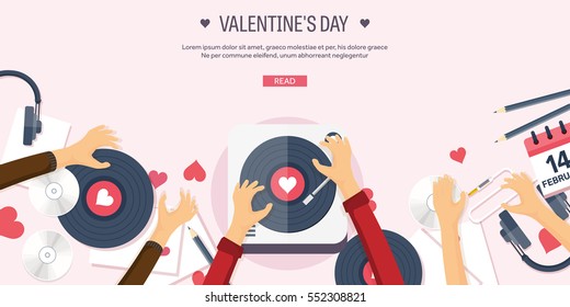 Vector illustration. Flat musical background with vinyl. Love, hearts. Valentines day. Be my valentine. 14 february. 