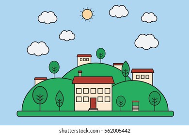 Vector illustration of flat nature village landscape with mountains.Small town concept