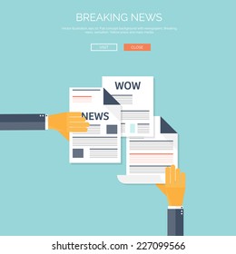 Vector illustration with flat newspapers. News and mass media concept background. Global communication.