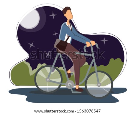 Vector Illustration flat night city. Young Man in office clothes on Bicycle Enjoys Life.