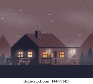 Vector illustration flat. Night forest with house