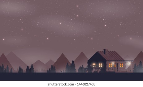 Ilustración vectorial plana. Bosque nocturno con casa