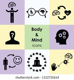 Vector Illustration Of Flat Nine Icons For Body And Mind Connection Visuals