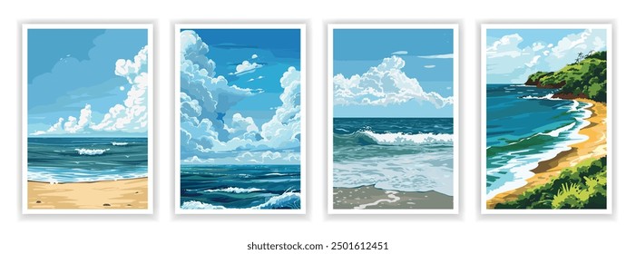 Vector illustration. Flat ocean landscape with waves, horizon, and seagulls. Serene and vibrant colors, clear skies, and endless water. Design elements for posters, book covers, brochures, magazines, 