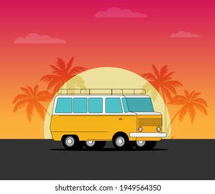 Vector illustration flat old car on beach