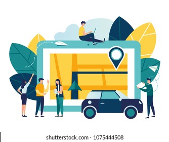 vector illustration flat on white background, search index on navigation, online map on the tablet, get directions, GPS on the city map, mobile application, online car rental vector