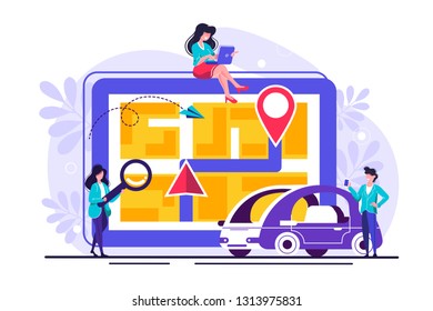 vector illustration flat on white background, search index on navigation, online map on the tablet, get directions, GPS on the city map, mobile application, online car rental