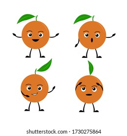 Vector illustration of Flat orange Cute character expression arranged covered on a white background, minimal style, fresh fruit raw material