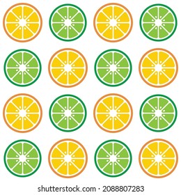 Vector illustration of flat orange fruit cut pattern. Abstract geometric style background. Orange, lemon, orange, fruit and fresh juice sign poster wallpaper. Orange and green colors.