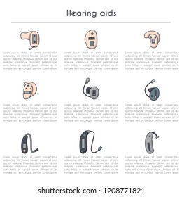 Vector illustration with flat oultine hearing aids icons. Background for hearing aid center, medical clinic for deaf people, hearing loss booklet. Vector line style set. Ears health. Audiology device