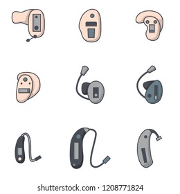 Vector illustration with flat oultine hearing aids icons. Background for hearing aid center, medical clinic for deaf people with hearing loss. Vector set in line style. Ears health. Audiology device