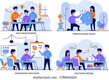 Vector Illustration flat and outline design style, ideas, brainstorming, problem solver, puzzle, presentation, discussion, meeting