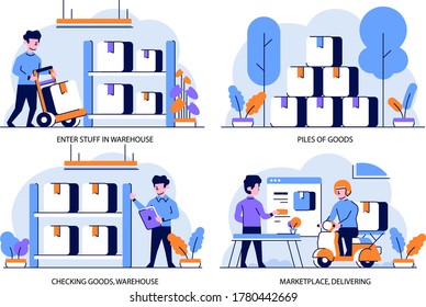 Vector Illustration flat and outline design style, Marketplace warehouse, piles of goods, checking goods, delivering stuff