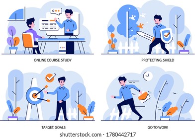 Ilustración vectorial estilo de diseño plano y contorno, curso en línea, estudio, protección, blindaje, virus, objetivo, objetivos, ir a trabajar