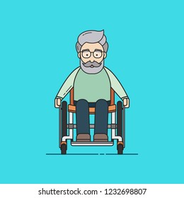 Vector Illustration in Flat Outline Style of an Old Man on a Wheelchair