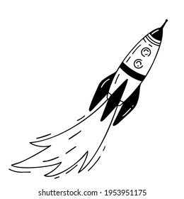 Vector illustration in a flat outline style on an isolated white background. The flight of a spaceship, a rocket into space. Hand-drawn drawing for stickers, space decor, postcards, prints.