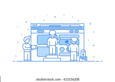 Vector illustration in flat outline style. Graphic design concept of web and user interface development - small people building and creating website with blocks in browser.