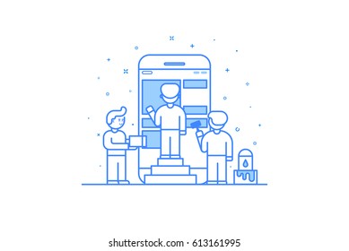 Vector illustration in flat outline style. Graphic design concept of mobile app design and user interface development. Small people building application with blocks on the screen of the mobile phone.