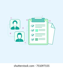 Vector illustration in flat outline style. Graphic design concept of the list. Schedule, list, people block, checkboxes, paper
