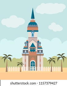 Vector illustration of a flat palace in the desert surrounded by palm trees