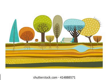 The vector illustration of flat park background elements - various trees, garbage can, bench and soil cut layers with roots, rocks and water.