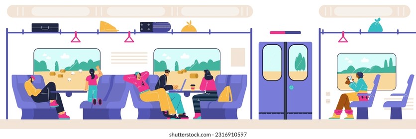 Ilustración vectorial de los pasajeros planos dentro del vagón del metro. La gente está sentada en el tren subterráneo en cómodas sillas, usando laptop, smartphone, escuchando auriculares.