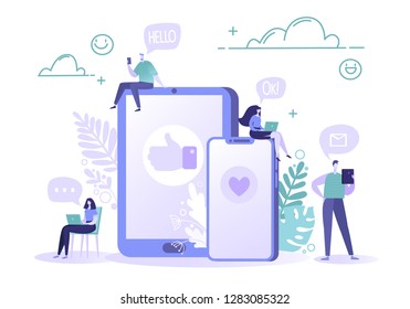 Vector illustration with flat people characters chatting in social networks. Man and woman communicating online with mobile devices. Concept of global internet community and networking. 