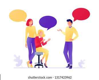 Vector illustration of flat people talking together. Businessmen and women discuss social networks, news. Chat, dialogue speech bubbles. Teamwork, searching for idea. Flat concept vector illustration