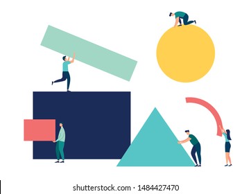 vector illustration flat people. A team of people assemble an abstract geometric puzzle. characters collect geometric shapes vector