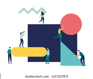 vector illustration flat people. A team of people assemble an abstract geometric puzzle. characters collect geometric shapes
